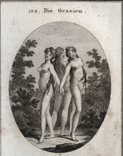 Allegory of Graces. De tre nåderna: Euphrosine som betecknar allegress och belåtenhet, Aglaya som symboliserar imponerande skönhet och Thalia-glädje. Gravyr i "" ikonologi eller idéer från området passioner och allegorier avbildade för Ze av Austrian School
