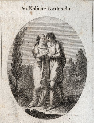 Allegori om harmoni i äktenskapet. Ett par kyssar, en guldkedja hänger runt halsen och ett hjärta som de stödjer var och en med en hand. Gravyr i "" ikonologi eller idéer från området passioner och allegorier avbildade för teckning av Austrian School