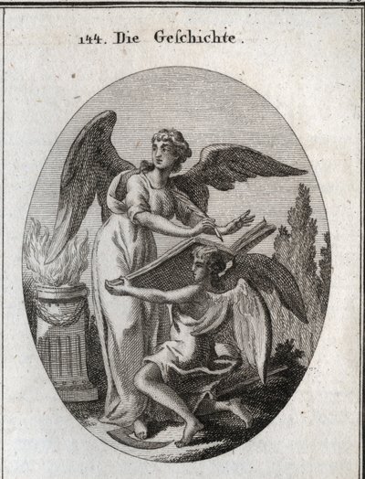Allegori över historien. Hans handlingar att lyssna och skriva på en fantastisk bok som stöds av tiden innebär handlingen att bli informerad om att omskriva minnet av tidigare saker. Gravyr i "" Iconologie oder Ideen aus dem Gebiete der Leidenschaften und  av Austrian School