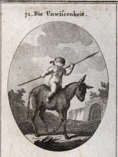 Allegori av okunnighet representerad av ett barn rider på en åsna, hans ögon remsor med en vass käpp (symboliserar den tomma hjärnan). Gravyr i "" ikonologi eller idéer från området passioner och allegorier avbildade för ritaren, Mahler av Austrian School