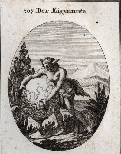 Allegori av intresse med vargskinn. Han klämmer en jordglob. Detta emblem betyder att girighet är intresserade människors egen. Gravyr i "" ikonologi eller idéer från passionernas och allegoriernas rike för Zeichner, Mahler, Dic av Austrian School