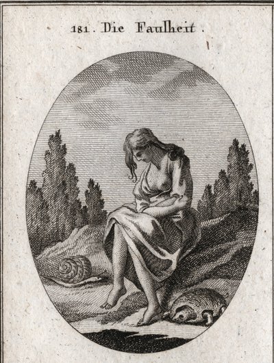 Allegori om lättja. Hon håller armarna i kors. Hans egenskap är en sköldpadda och en snigel. Gravyr i "" ikonologi eller idéer från området passioner och allegorier avbildade för ritare, målare, poeter, forskare, pedagoger och fr. av Austrian School