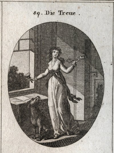 Allegori om lojalitet vars symboler är nyckeln, sigillen och hunden. Gravyr i "" ikonologi eller idéer från området passioner och allegorier avbildade för ritare, målare, poeter, forskare, lärare och vänner av högre smak av Austrian School