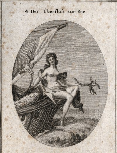 Allegori om maritim överflöd representerad av Ceres sittande på fören av ett skepp. Hon håller i en bukett hampa, en knägren på vilken silkesmaskkokonger är fästa. Det lutar sig mot korn som hänger tillbaka i båten. Gravyr i "" Iconologie eller Idee av Austrian School
