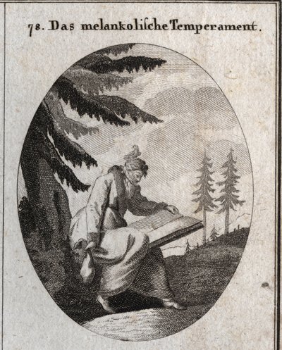 Allegori om melankolisk hy. Han håller en bok och en handväska, och hans mun är stängd med en ögonbindel. En fågel sitter på hans huvud. Gravyr i "" ikonologi eller idéer från området passioner och allegorier avbildade för ritare, Mah av Austrian School