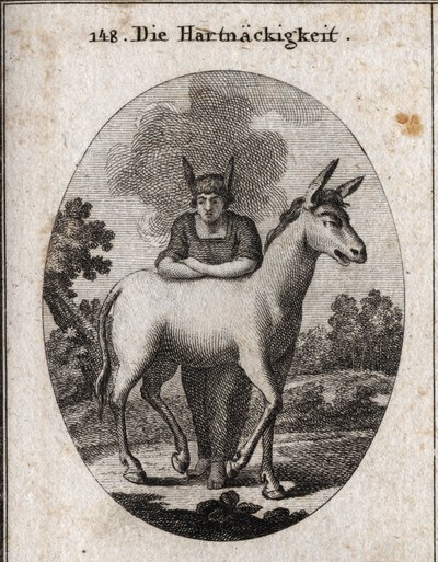 Allegori om envishet lutad mot en mula. Åsnöronen på hans huvud är okunnighetens och envishetens emblem. Ångan runt hans huvud betyder att hans intelligens är mörk. Gravyr i "" Iconologie oder Ideen aus dem Gebiete der Leidenschaften und Allego av Austrian School