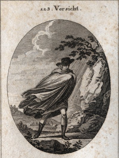 Allegory of Providence. Uttryck: När det är fint väder, ta din kappa, när det regnar, ta den, om du vill. Gravyr i "" ikonologi eller idéer från området passioner och allegorier avbildade för ritare, målare, poeter, ge av Austrian School