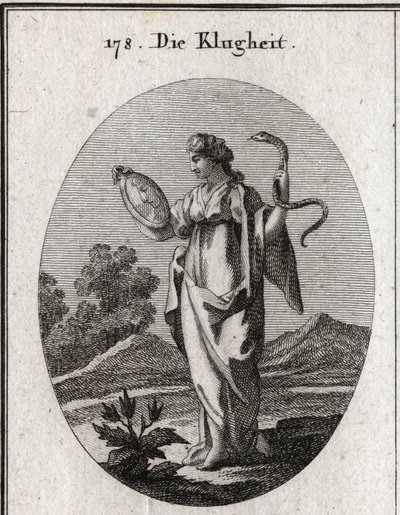 Allegori om försiktighet, dess vanliga attribut är spegeln och ormen. Hon har två ansikten, en ung person för att förvänta sig framtiden och en gammal för att ta hänsyn till det förflutna. Gravyr i "" Iconologie oder Ideen aus dem Gebiete der Lei av Austrian School