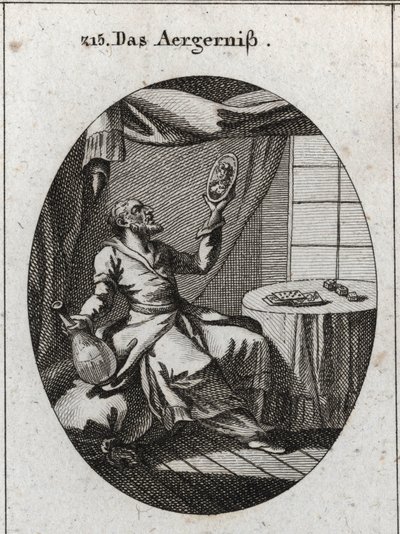 Allegori om skandal. Han håller med ena handen en flaska och på den andra ett porträtt av en ung kvinna och nära ett bord där man spelar kort och spel. Gravyr i "" ikonologi eller idéer från fältet passioner och allegorier bildligt avbildade av Austrian School
