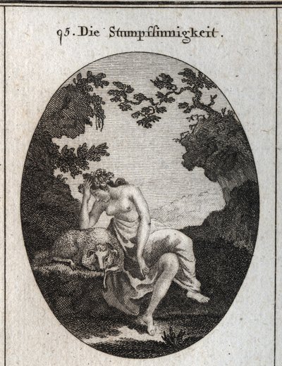 Allegori om dumhet. Den lutar sig mot ett får, naturligt dumt djur. Gravyr i "" ikonologi eller idéer från området passioner och allegorier avbildade för ritare, målare, poeter, forskare, utbildare och vänner av det högre samhället av Austrian School