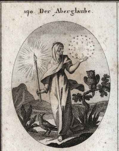 Allegori om vidskepelse. Hon håller ett levande ljus och en cirkel av stjärnor som omger tecknen på de sju planeterna som hon anser vara oroliga. Dess egenskaper är ugglan och kråkan. Gravyr i "" Iconologie oder Ideen aus dem Gebiete der Lei av Austrian School