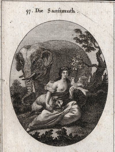 Allegori av sötma eller mansuetude, krona av olivträd för symbolen för fred. Dess attribut är elefanten, som representerar hjärtats godhet, lammsymbolen för mansuetude och duvan, sötmans emblem. Gravyr i "" Iconologie eller Ideen av Austrian School