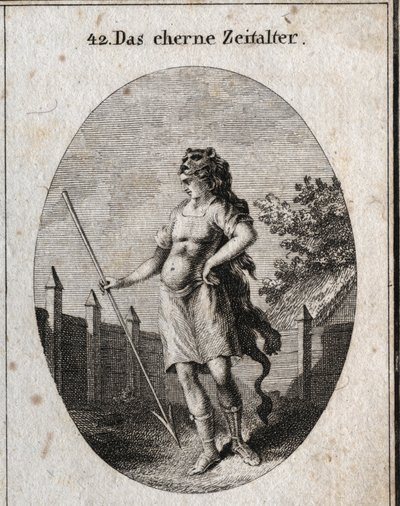 Allegory of the Copper Age representerar som en vaktpost nära ett staket i en stolt attityd vapen av en korselett och ett spjut och mössa av ett lejonskinn. Gravering i "" ikonologi eller idéer från området för passioner och allegorier bildligt avbildade f av Austrian School