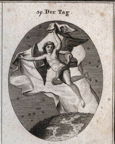 Allegori om dagen som flyger snabbt och gömmer natten och stjärnorna med hjälp av en ljus stor slöja. Gravyr i "" ikonologi eller idéer från området passioner och allegorier avbildade för ritare, målare, poeter, forskare, pedagoger, etc. av Austrian School