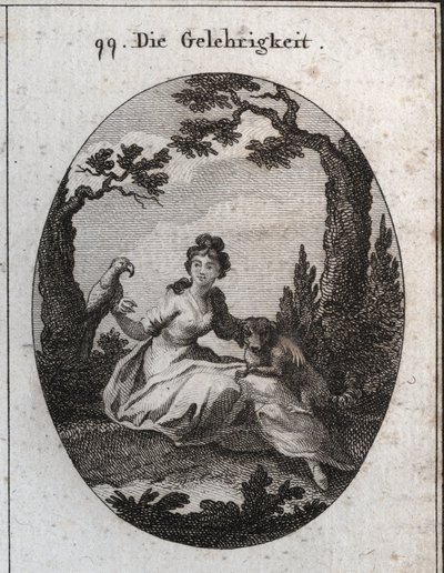 Allegori över fogligheten. Hans egenskaper är parakiten och den lilla hunden på grund av deras lydnad och önskan att behaga. Gravyr i "" ikonologi eller idéer från området passioner och allegorier avbildade för ritare, målare, av Austrian School