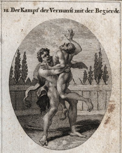 Allegori om förnuftets och aptitens kamp. Den jordiska och köttsliga aptiten skildras av Ante och Herkules (Herakles) symboliserar förnuft, styrka och mod som tar bort och kväver Ante. Gravyr i "" Iconologie oder Ideen aus dem Gebiete der Le av Austrian School