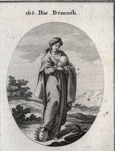 Allegori om ödmjukheten. Under hans fot en krona av guld berikad med ädelstenar. Hon dedain anser en boll som representerar jorden som hon saknar storheten. Gravyr i "" Iconologie oder Ideen aus dem Gebiete der Leidenschaften und Alleg av Austrian School