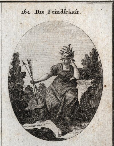 Allegori om inimiten med en hjälm trimmad med järnspetsar. Hennes klänning är översållad med lågor. De två pilar hon håller mot motsatsen är synonyma med motsägelse. Gravyr i "" Iconologie oder Ideen aus dem Gebiete der Leidenschaften und Allegori av Austrian School