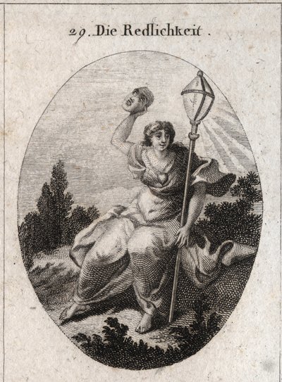 Allegori om loyauten (eller uppriktig) som kastar en mask som är egenskapen för finta och lögn. Dess emblem är en kristen lyktasymbol för blixten. Ett hjärta ritas på hans bröst. Gravyr i "" Iconologie oder Ideen aus dem Gebiete der Leidenschaften av Austrian School