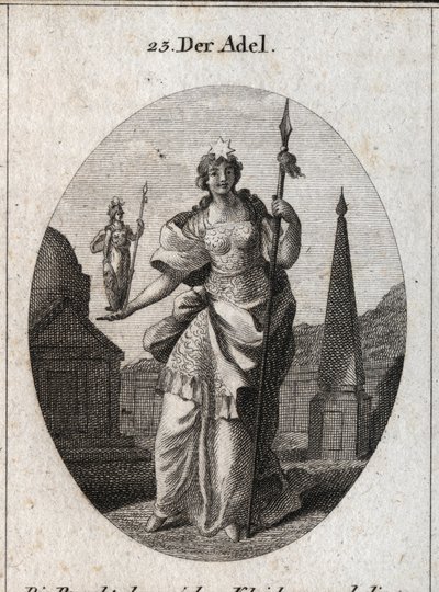 Allegori över adeln. Stjärnan betyder höjning av känslor. Statyn av Minerva och spjutet markerar att den kan förvärva meriter inom vetenskap och vapen. Gravyr i "" Iconologie oder Ideen aus dem Gebiete der Leidenschaften und Allegorien bild av Austrian School