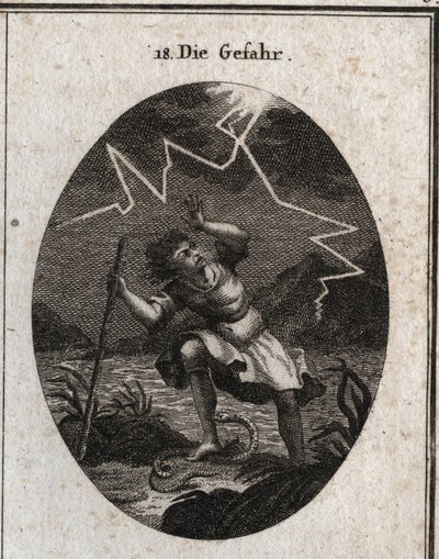 Allegori om faran representerad av en ung man som flyr från en snabb ström genom att sätta sin fot på en orm som sticker honom och samtidigt slog en åska bakom honom. Gravyr i "" Iconologie oder Ideen aus dem Gebiete der Leidenschaften und Allego av Austrian School