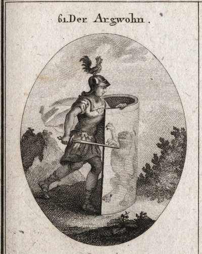 Allegori av misstanken skär bakom en sköld på vilken står ett lejon, symbol för misstanken enligt Aristoteles, och en tupp på hjälmen som representerar vaksamhet. Gravyr i "" Iconologie oder Ideen aus dem Gebiete der Leidenschaften und Alleg av Austrian School