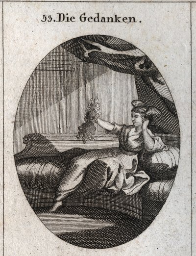 Allegori över tankar representerade med vingar i huvudet och hålla i en massa trådar emmeles bild av pinsamheten som de olika tankarna ger. Gravyr i "" Iconologie oder Ideen aus dem Gebiete der Leidenschaften und Allegorien bildich darges av Austrian School