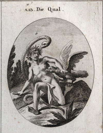 Allegori om plåga. Hennes huvud omgivet av törnen betyder sinnets plågor. Ormen säger att rädslan för faran gör den mer formidabel. En gam äter hans hjärta. Gravyr i "" Iconologie oder Ideen aus dem Gebiete der Leidenschaften und Allego av Austrian School