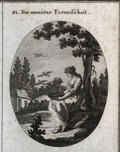 Allegori om värdelösa vänskaper som håller ett bo som låter svalor flyga iväg. Gravyr i "" ikonologi eller idéer från området passioner och allegorier avbildade för ritare, målare, poeter, forskare, pedagoger och vänner till högre personer av Austrian School