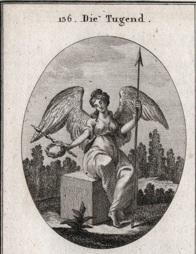Allegori över dygden. Marmorkuben som hon sitter på önskar soliditen, och dess utbredda vingar gör att den står ovanför det vulgära. Gravyr i "" ikonologi eller idéer från området passioner och allegorier avbildade för ritare, av Austrian School