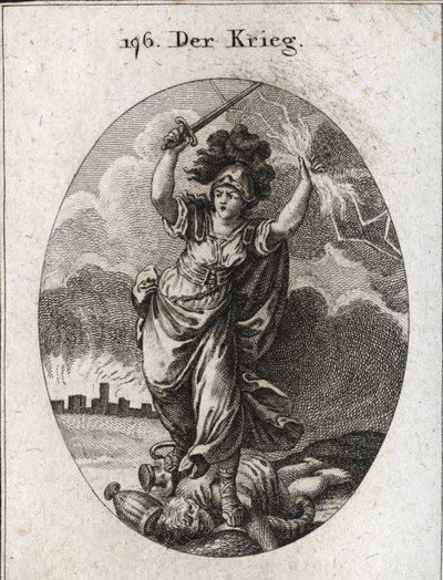 Allegori om krig. Hon håller en blixt och ett nakensvärd och bryter under fötterna guld- och silvervaser och en staty av guden Plutus som symboliseras av ett överflödshorn och en ögonbindel. Längst ner murarna i en ruinstad. Gravyr i "" Ic av Austrian School