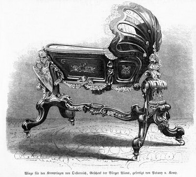 Den österrikiska kronprinsens barnsäng, illustration från Leipziger Illustrirte Zeitung, 1859 (trästick) av Austrian School