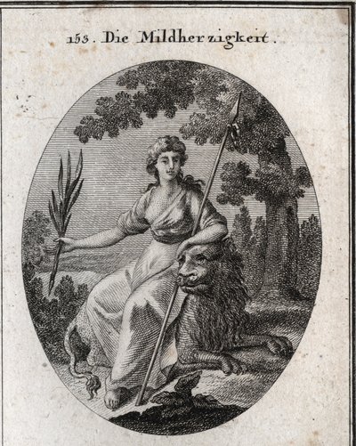 Clemence allegori. Hon är representerad med ett spjut och en olivkvist för att indikera att hon har makten att straffa men också att förlåta. Lejonet är generosits attribut. Gravyr i "" Iconologie oder Ideen aus dem Gebiete der Leidenschaften un av Austrian School