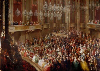Konsert i Wien i närvaro av den kejserliga familjen. Målning av den österrikiska skolan på 1700-talet. Schönbrunn slott av Austrian School