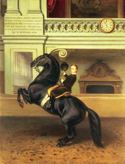 Kronprins Rudolph av Österrike (1858-89) till häst i Hofburgs vinterridskola, Wien, 1870 av Austrian School