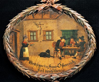 Kunder som sitter vid bordet i värdshuset och servitrisen, oval skylt för värdshus, Österrike av Austrian School