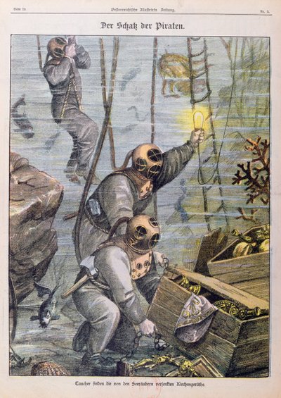 Dykare hittar skatter plundrade av pirater från kyrkor, 1897 av Austrian School