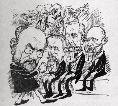 Emile Zola försöker låsa upp låsen som stänger munnen på presidenterna Jean Casimir-Perier (1847-1907) och Felix Faure (1841-1899) samt rådets ordförande Jules Meline (1838-1925), medan han i bakgrunden, Henri Rochefort (1831-1913) berättade för Com av Austrian School