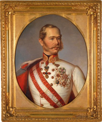 Porträtt av Francois Joseph I av Österrike (1830-1916). Han har utsmyckningen av Guldfleeceorden. Anonym målning, olja på duk, ca 1855. Österrikisk konst av Austrian School