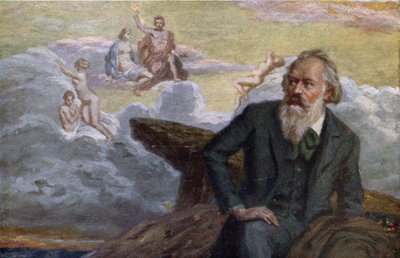 Vykort föreställande Johannes Brahms (1833-97) som komponerar sin 1:a symfoni op.68, ca 1900 av Austrian School