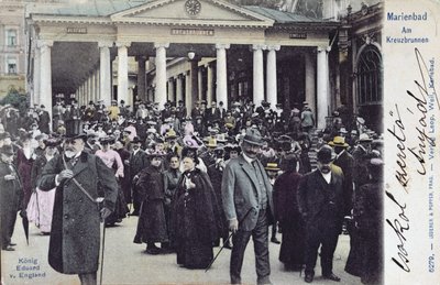 Vykort som visar kung Edward VII (1841-1910) på besök i Marienbads spa, ca 1905 av Austrian School
