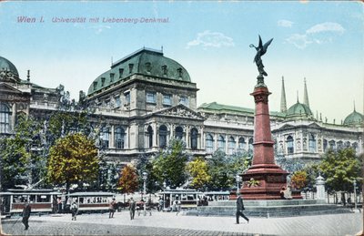 Vykort föreställande universitetet i Wien och Liebenbergmonumentet, c.1915 av Austrian School