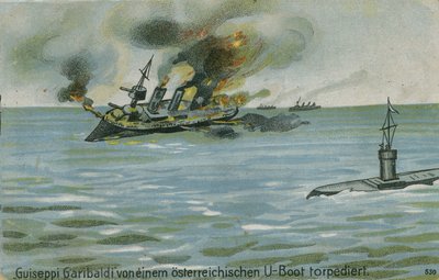 Förlisning av den italienska kryssaren Giuseppe Garibaldi av den österrikiska ubåten U-4, första världskriget, 18 juli 1915 av Austrian School