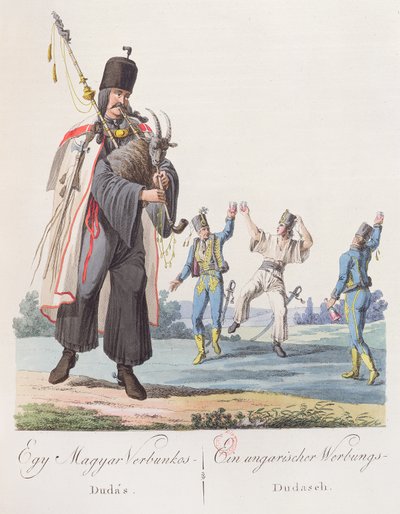 Soldater från ett ungerskt regemente utför en rekryteringsdans, illustration från en bok Costumes de Hongrie, publicerad i Wien, 1810 av Austrian School