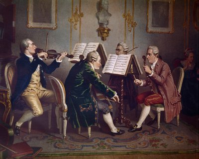 Stråkkvartett som spelar ett Mozarts verk (kammarmusik) (litografi av Austrian School