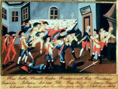 Gripandet av Albrecht von Wallenstein (1583-1634) i Eger av en styrka av irländska och skotska officerare under befäl av general Butler av Austrian School