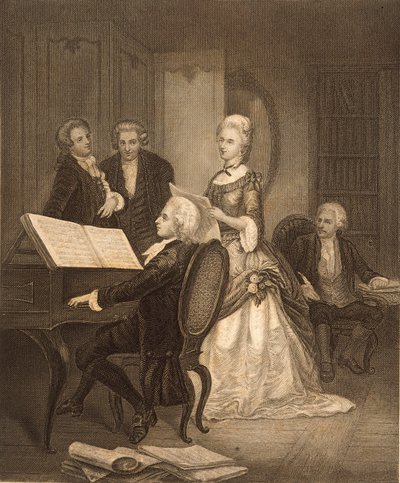 Wolfgang Amadeus Mozart ackompanjerar Caterina Maddalena Giuseppa (gravyr) av Austrian School