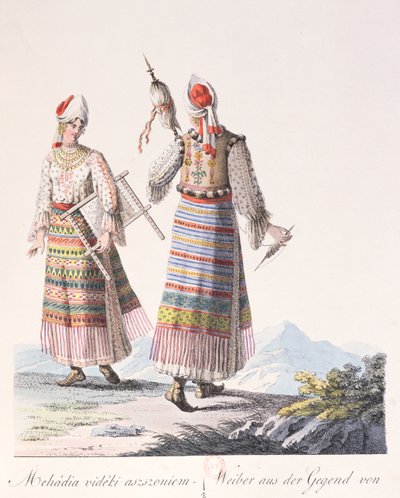 Kvinnor i traditionell klädsel från Mehadia-regionen, illustration från en bok Costumes de Hongrie av J.H. de Bikkesy, 1810 (färggravyr) av Austrian School