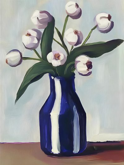 Vita blommor i blå vas av Avanesova Elena
