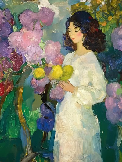 Kvinna i en blomsterträdgård av Avanesova Elena